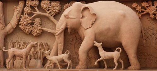 Elephant sculpture, Akshardham, DelhiA pack of wild dogs plots against an approaching elephant. They