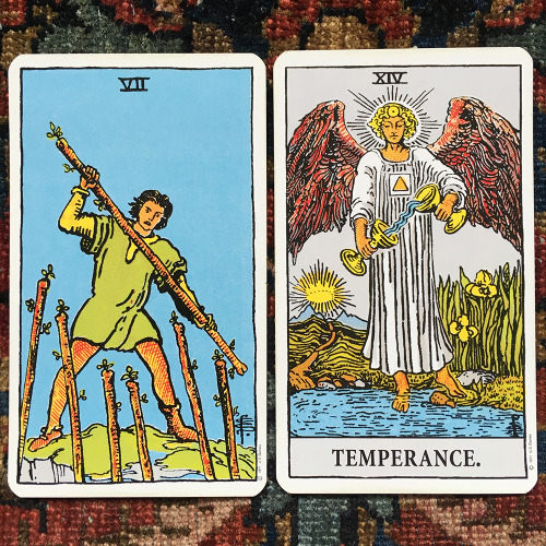 unhelpfultarot:Seven of Wands and TemperanceToday, there will be botheration in moderation.