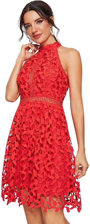Floerns sleeveless halter neck lace cocktail party A-line dress