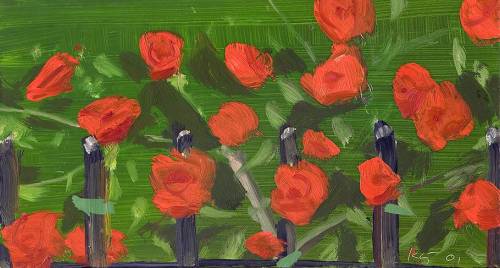 Roses   -   Alex Katz  2001American b.1927-Oil on board , 6,5 x 12 in. 16,5 x 30,5 cm.