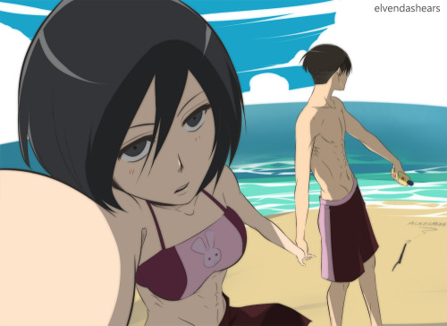 elvendashears:  Hot Piece of Meat! by Elvendashears here’s your daily dose of Rivamika Ackerman love! :p i should stop the mikasa selfie lolol!! provided full version of the pic so u can see the sand doodle ;) 