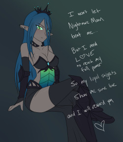 jonfawkes:  You all asked for it, so here it is! This will be a lot easier than pleasing Nightmare Moon. All Chrysalis needs is notes. At every 100 notes, she will remove one piece of clothing. At the 900 and 1000 note marks she will remove 2 pieces each.