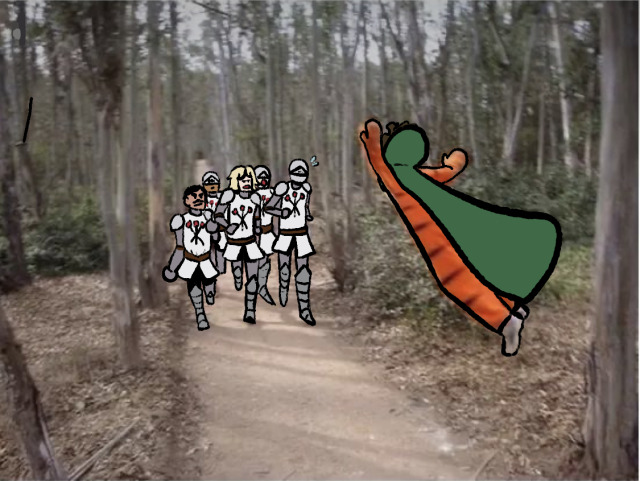 Tigger (T-I-double guh-er) is wearing a ranger's cloak and white shoes. He is leaping at knights jogging through the woods.