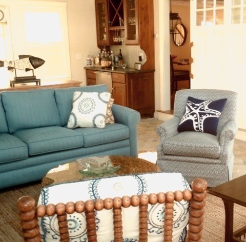 Family Room Home BarInspiration For A Large Coastal Open Concept Brick Floor Family Room Remodel With