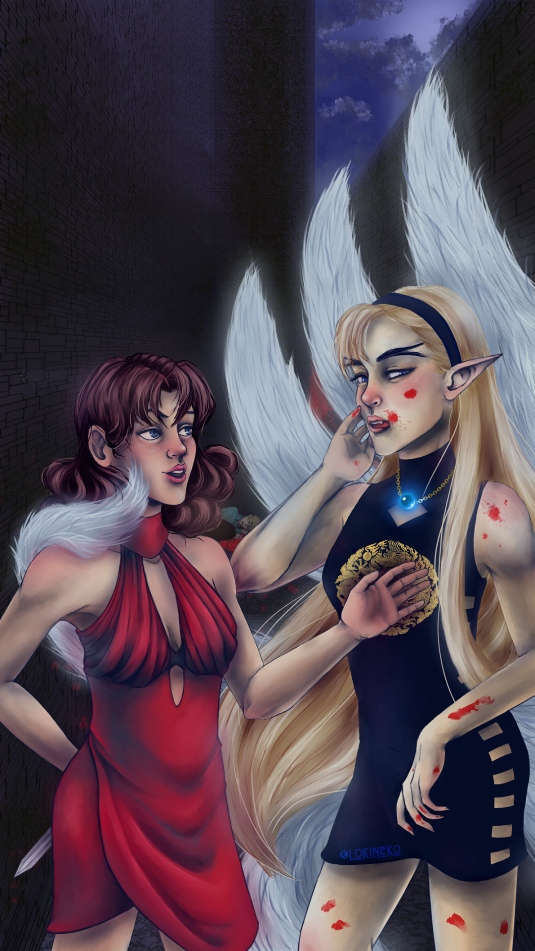 Here’s my second piece for the 2021 Rhythm Generation zine (mature part!). Dorothy is a gumiho and Cathy is her girlfriend/wife who lures creeps from the nearby clubs to shady back alleyways for liver-eating shenanigans.I’m still tickled that I get into adult zines for psychological horror and blood. #gundam wing#gundamw#dorothy catalonia#catherine bloom #dorothy x cathy #gundamzine #gundam wing zine #my art#digital