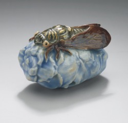 artistsanimals:  Title: Cicada on Pine ConeOrigin: JapanDate: 18th or early 19th centuryMedium: Hirado ware; porcelain with blue and brown glazes and gold enamelSize: 1 5/8 in W.Source: LACMA