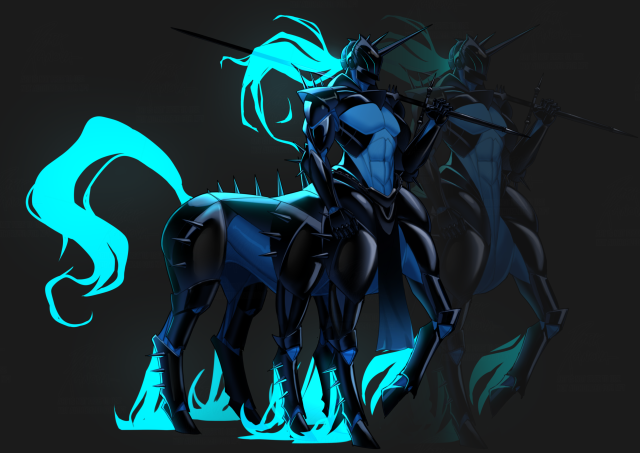 A robotic, six legged centaur clad in black and blue plating, with glowing azure hair - resembling holographic fire. His armoring is adorned with spikes, but the one on his vizor stands proudly like a monoceros horn. 
Rested over his shoulder, is a mighty long sword 
