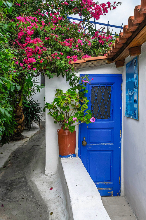 Blue door and bougainvillea in Anafiotika, Athens, Greece