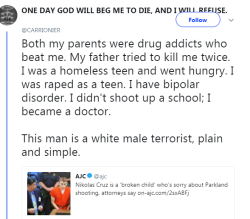 the-underground-hufflepuff:  cookbookkitten: The usual, “he’s a troubled kid/man” yawn excuse. His ass is a terrorist and we will keep having them because of guns and the fact that this shit is not taken with seriousness. Yes, we mourn the victims