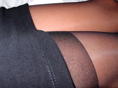 Close up of black pantyhose demarcation. Woman in pantyhose