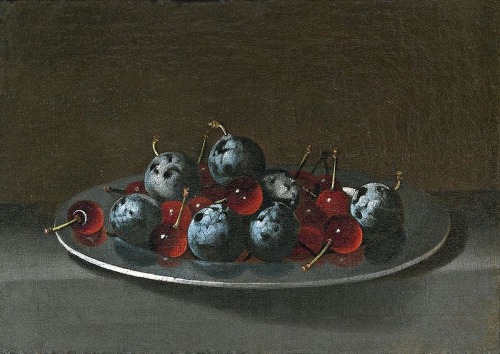 dappledwithshadow:  arquilatria:  Plato con endrinas y guindasÓleo sobre lienzo, 20 x 28 cm. Juan van der Hamen y León (1596-1631)Madrid, Museo Nacional del Prado  Staring at the cherries is very soothing to me. They’re perfect. 