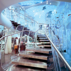 y2kaestheticinstitute:  Fornarina London, designed by Giorgio Borruso (2006)“The space is icy and blue – almost as if you’re traveling through a frozen cavern in the Antarctic. A molded, liquid-like material covers the entire space, flowing across