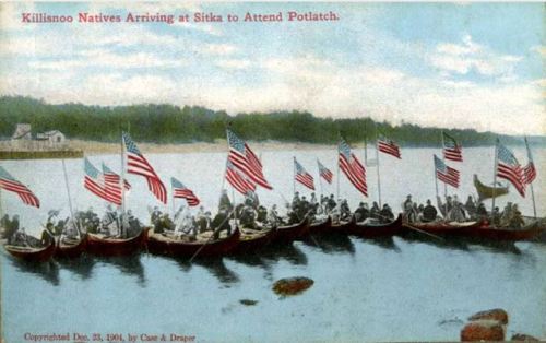 Killisnoo tribe members arriving for the Potlatch ceremony, Sitka, 1904.