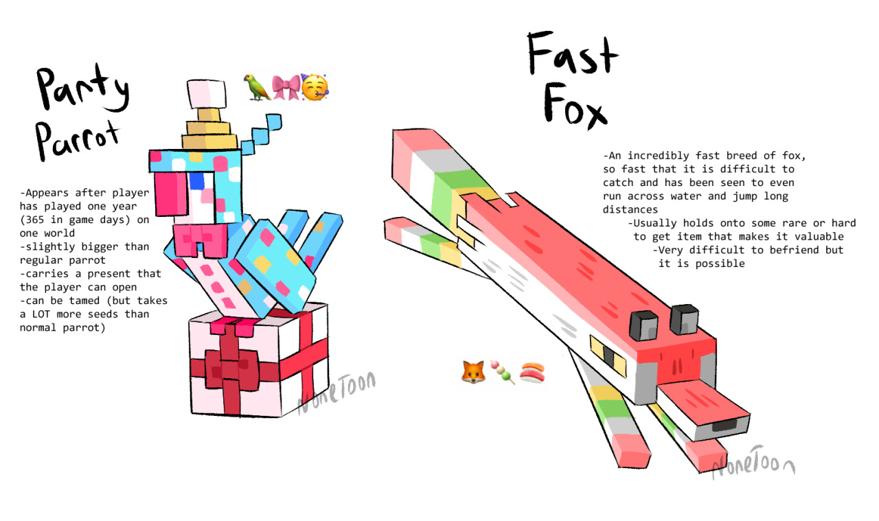 Another couple of emoji minecraft mobs! Parrot and fox edition