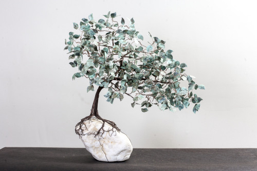 kchampeny:  Kevin Champeny Copper  Bonsai19”wide x 20”tall x 15” deep 8 lbs  Bonsai tree constructed from 150+ feet of copper coated steel, 36 gauge copper tooling foil.  150+ hand cut and patinated leaves. The tree is hand tied to the stone,