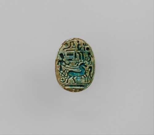 met-egyptian-art:Scarab Inscribed With the Prenomen of Ramesses II and depicting the king in his cha