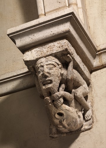 the-venereal-bede:met-cloisters:Corbel with a Pair of Beard-Pulling Acrobats, Metropolitan Museum of