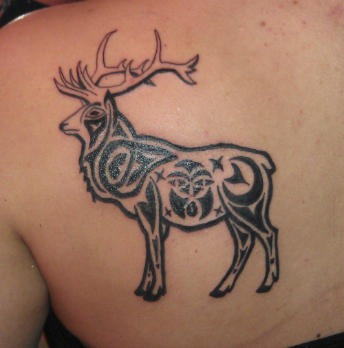 Tribal elk tattoo by Laura Exley at Damask Tattoo in Seattle, WA.