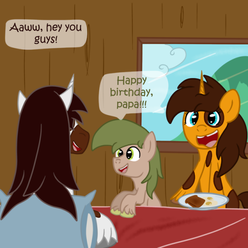 ask-mack-ponyville-blacksmith: They made me breakfast in bed all by themselves! …with a little guidance from their mother, of course. (In the time since our honeymoon Chic Pea and I have had another foal; say hello to our son Fobwatch!)  x3 Daww :3