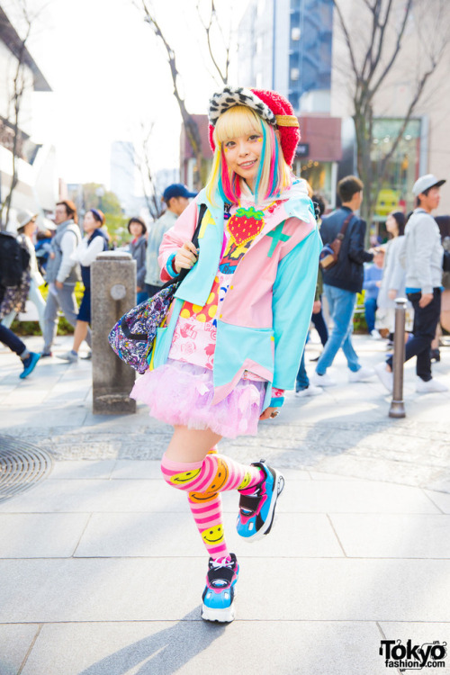 Kawaii Japanese model and singer Haruka Kurebayashi on the street in Harajuku wearing colorful fashi