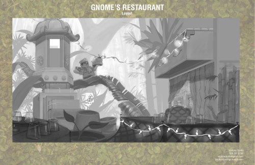 comps, props, and layout for a story about a gnome that runs an Asian-themed restaurant in a Japanes