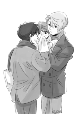 hundredpercentofe:yuuri and victor adopting a child that looks just like them &amp; yurio secretly enjoying being an uncle.   i had to get this out of my system at 4am.