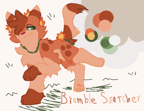 An orange cat with green eyes is landing on one paw, with their other three in the air. the cat has brighter orange colored flowers behind their ears and at the bottom of her tail, the one on their tail being attached by a vine. she has on a vine necklace. "Bramble Snatcher" is on the bottom right. the colors of the cat or on the top right.
