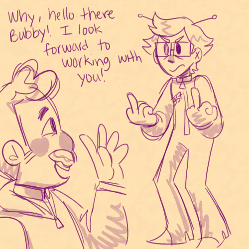 [ID: doodles of coomer and bubby meeting when they are young in the stellar firma AU. in the first p