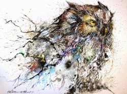 mymodernmet:  Chinese illustrator, painter, and street artist Chen Yingjie (aka Hua Tunan) creates paintings that are alive with energy. Using a splattering technique, he creates beautiful creatures that radiate with vibrant colors. Night Owl is one of
