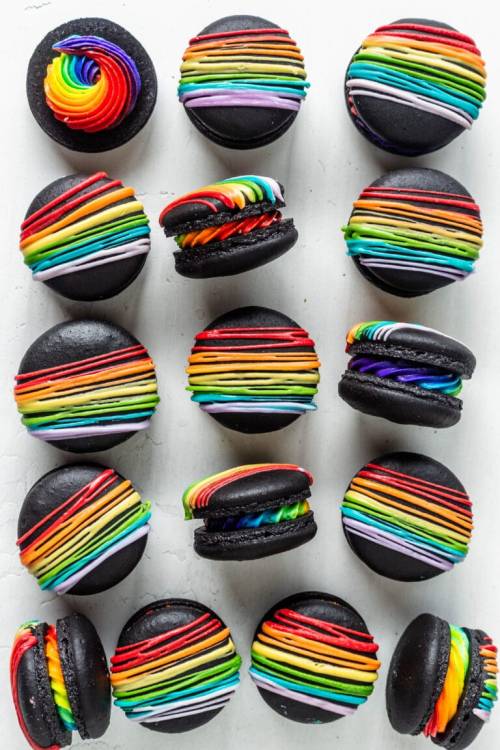 sweetoothgirl: Black And White Macarons With Rainbow Drizzle