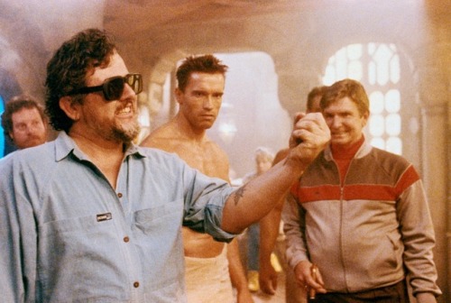  Walter Hill and Arnold Schwarzenegger on the set of Red Heat.