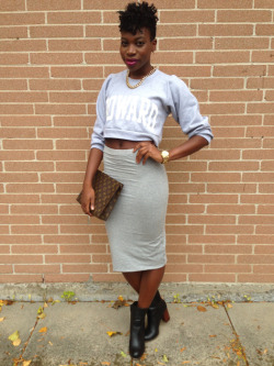 blackfashion:  Nichole, Toronto Nichole Alabi Collegiate Sweatshirt, Topshop Skirt, Louis Vuitton Bag, Zara Boots @NicholeAlabi http://nicholealabi.com  My kinda sista