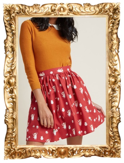 Holiday Mini Skirt in Red Cats - $59