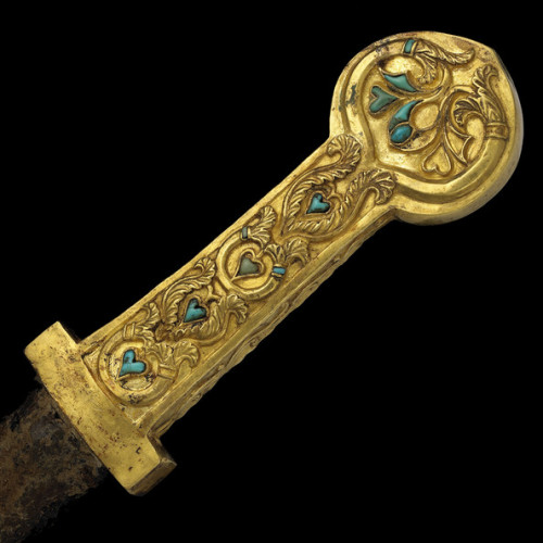 Turquoise mounted gold dagger handle uncovered from a tomb at Tillya Teppe, Northern Afghanistan,