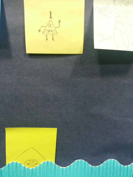 meriberrytastic:  meriberrytastic:  meriberrytastic:  meriberrytastic:  meriberrytastic:  Someone left a sticky note of Bill in my dorm’s billboard     I replied with a doodle of Dipper c:   OH MY GOD THEY RESPONDED   SOMEBODY PUT GARNET THIS MORNING. 