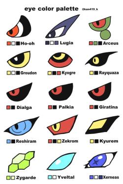 gijinkatrainer:  For anybody who wants to draw legendary pokemon or legendary pokemon gijinka: Twitter user kan419_k made this handy reference, including palettes. 