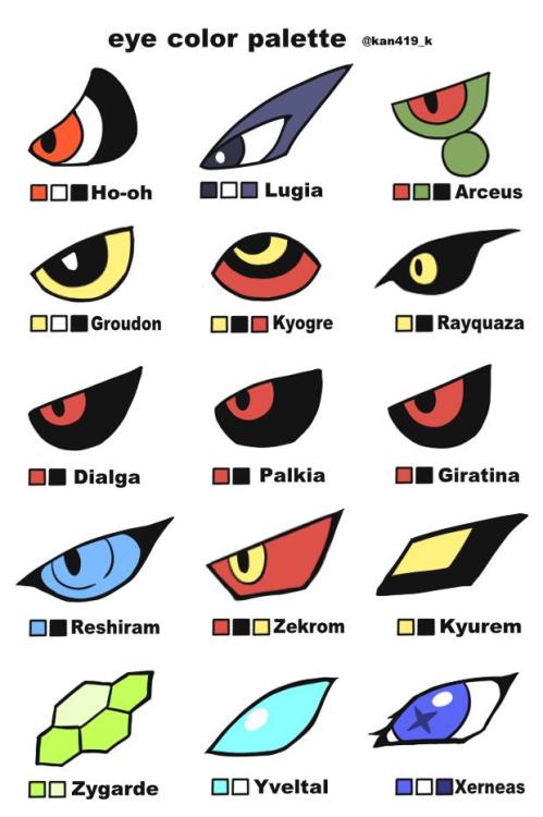 gijinkatrainer:  For anybody who wants to draw legendary pokemon or legendary pokemon gijinka: Twitter user kan419_k made this handy reference, including palettes. 