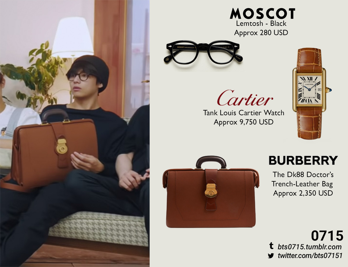 BTS STYLE⁷ on X: KIM TAEHYUNG MERCH • V mute boston bag CARTIER • tank  louis watch $153 + $9550 ( 220328 bts at the airport )   / X