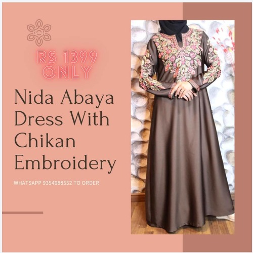 Nida Abaya Dress With Chikan Embroidery Price Rs 1399/- Free Shipping, Free Stole Hijab, COD Availab