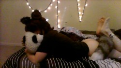 pandaplayskitten:  cudding my giant panda like a good kitten till master gets here so we can play! :D