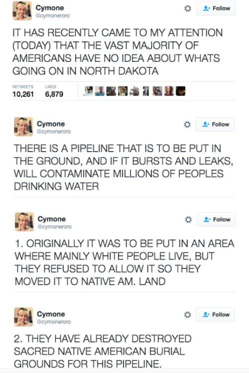 thechanelmuse:  I know how much y’all love sources. Here’s more info on that part about where the pipeline was originally going to go before white people refused it, as well as the part on burial grounds:The Big Double Standard in the Standing Rock