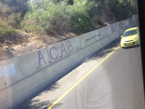 “ACAB / Zionism stole my virginity”Seen on a highway in Israel