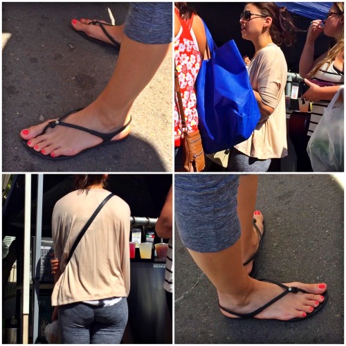 Candid feet and face of sexy young brunette at the Farmer&rsquo;s Market. Nice red toenails!