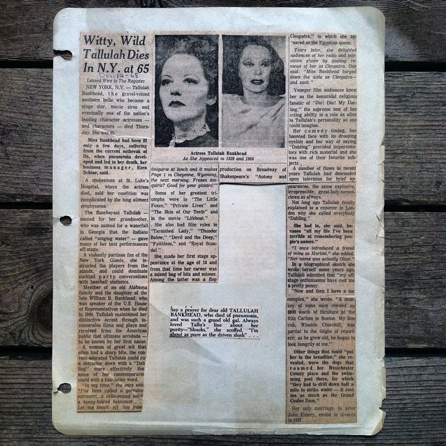 🔮Amanda from Jackson Street Books handed me these Omaha World Herald obituary clippings for dear #tallulahbankhead she found in one of their book buys this morning.🔮