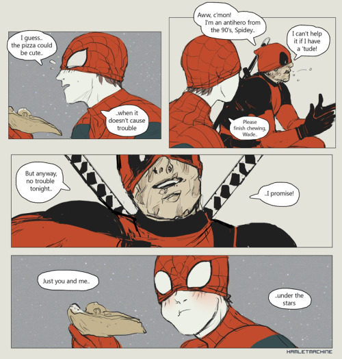hamletmachine:  I was talking about Spideypool pizza date on my twitter and then Ono responded with a super cute drawing (She also has another precious comic) and now here it is   🍕   