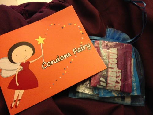 thosewhoshowup:  So my school has this thing called the “Condom Fairy”. You just go to the Student Health website and state your preferences. You can choose male and/or female condoms and weather or not you want lube. Then a few days later an envelope
