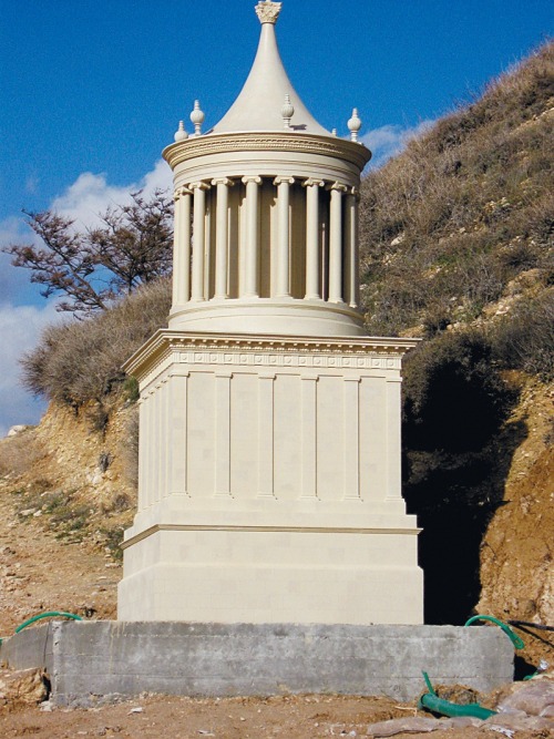 classicalmonuments:   Herod’s mausoleum   Herodium, Israel ~0 CE 25 m. in height  Herod’s mausoleum was in the shape of a tower rising to a height of 25 m. It consisted of a podium, a square story, a circular story, and a roof. Each story contained