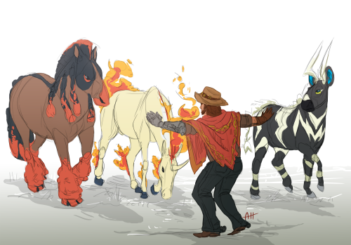 timevstheworld:McCree trying to tame all of the horse Pokemon like