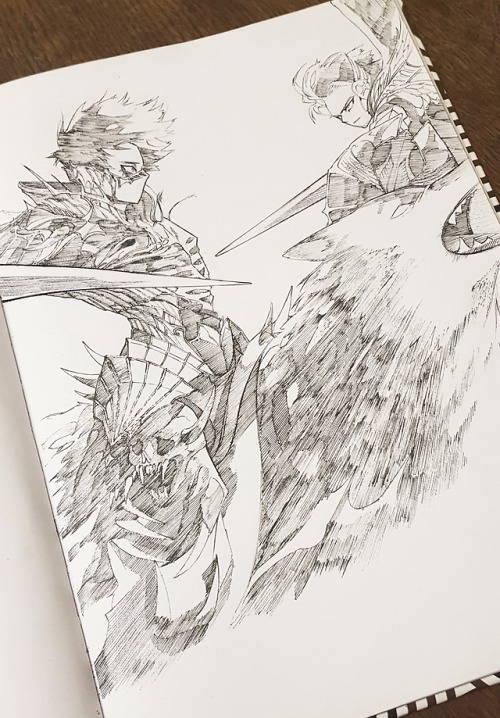 Inktober Day 28, Dabi and Hawks from My Hero Academia, jousting. It’s the sport from the Middle Ages