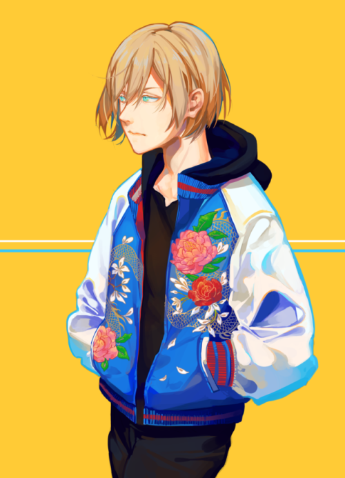 hanromi:Yurio in a flower sukajan jacket!The colours burned my eyes but it was totally worth it for 